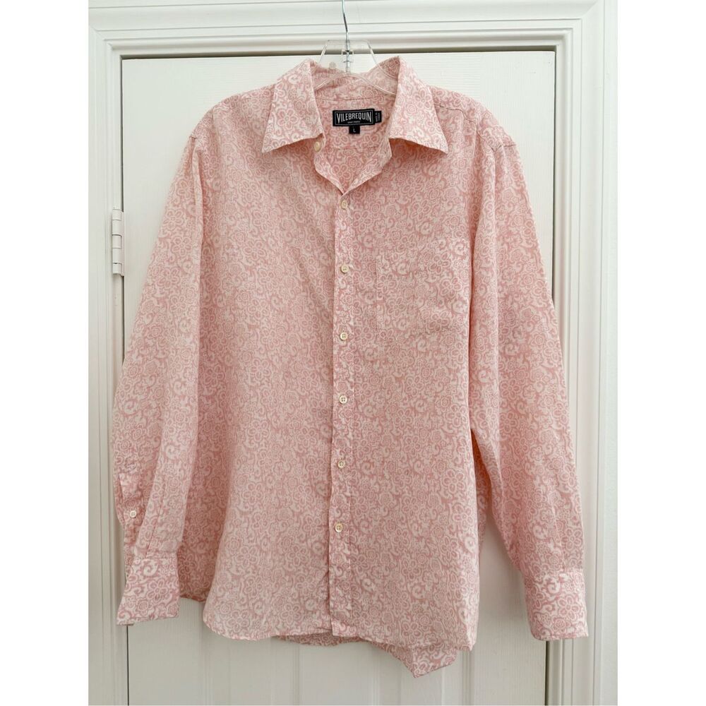 Vilebrequin Mens Pink White Floral Print Linen Button-Up Shirt Size Large